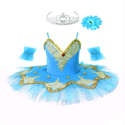 FEESHOW Girls Gold Embroidered Ballet Dress Camisole Leotard Tutu Skirt Swan Lake Performance Dance wear Costumes Light Blue 8