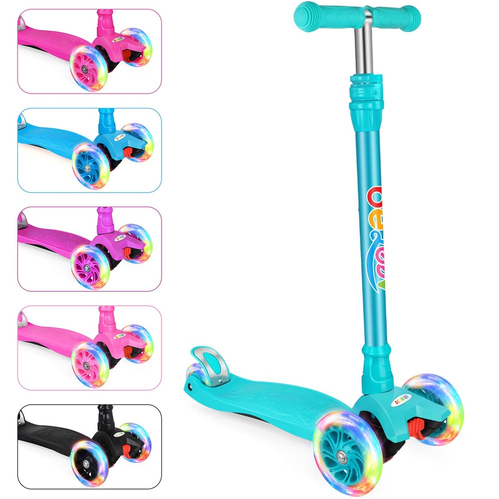 BELEEV Scooters for Kids 3 Wheel Kick Scooter for Toddlers Girls Boys, 4 Adjustable Height, Lean to Steer, Light up Wheels, Extra-Wide Deck, Easy to Assemble for Children Ages 3-12 (Matte Aqua)