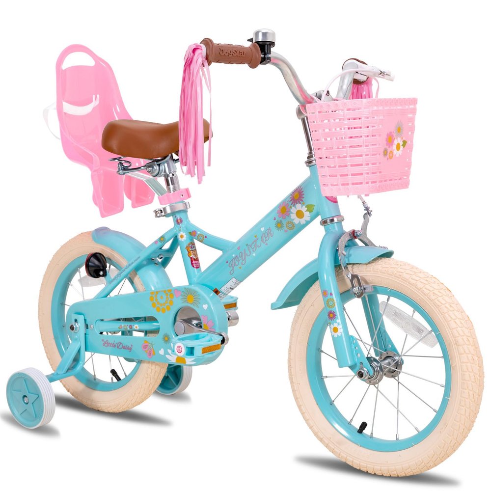 JOYSTAR 14 Inch Kids Bike Little Daisy 14 Inch Girls Bike with Training Wheels Doll Bike Seat Basket & Streamers Princess Kids Bicycle for Girls Toddler of 3-5 Years Toddler Girl Bikes Blue