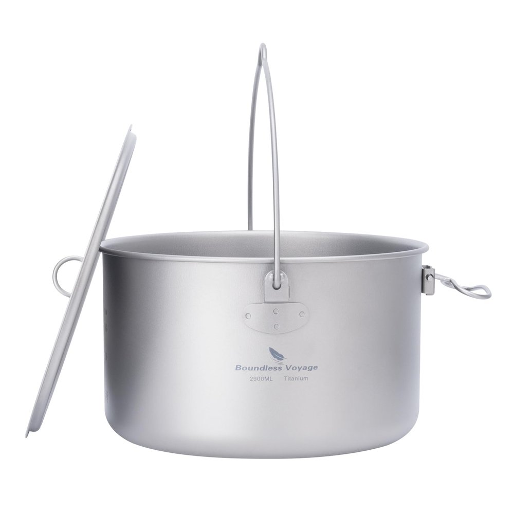 iBasingo Titanium Camping Pot with Lid 2.9L Ultralight Backpacking Cookware with Foldable Handle for Hiking, Picnic & Outdoor Durable Portable Metal Cooking Ti Hanging Pot Ti2045C