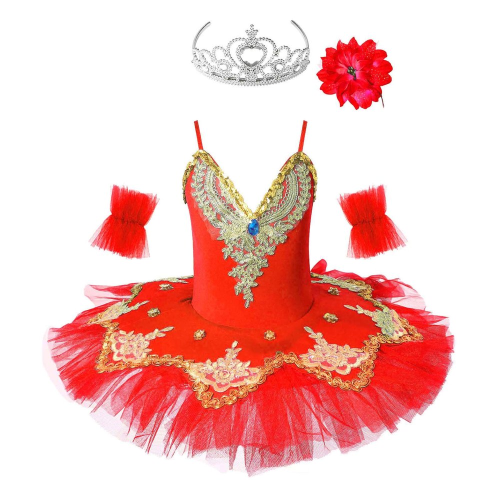 Aislor Girls Embroidered Flower Sequins Ballet Leotard Tutu Dress for Swan Lake Ballerina Performance Modern Dance Red 6 Years