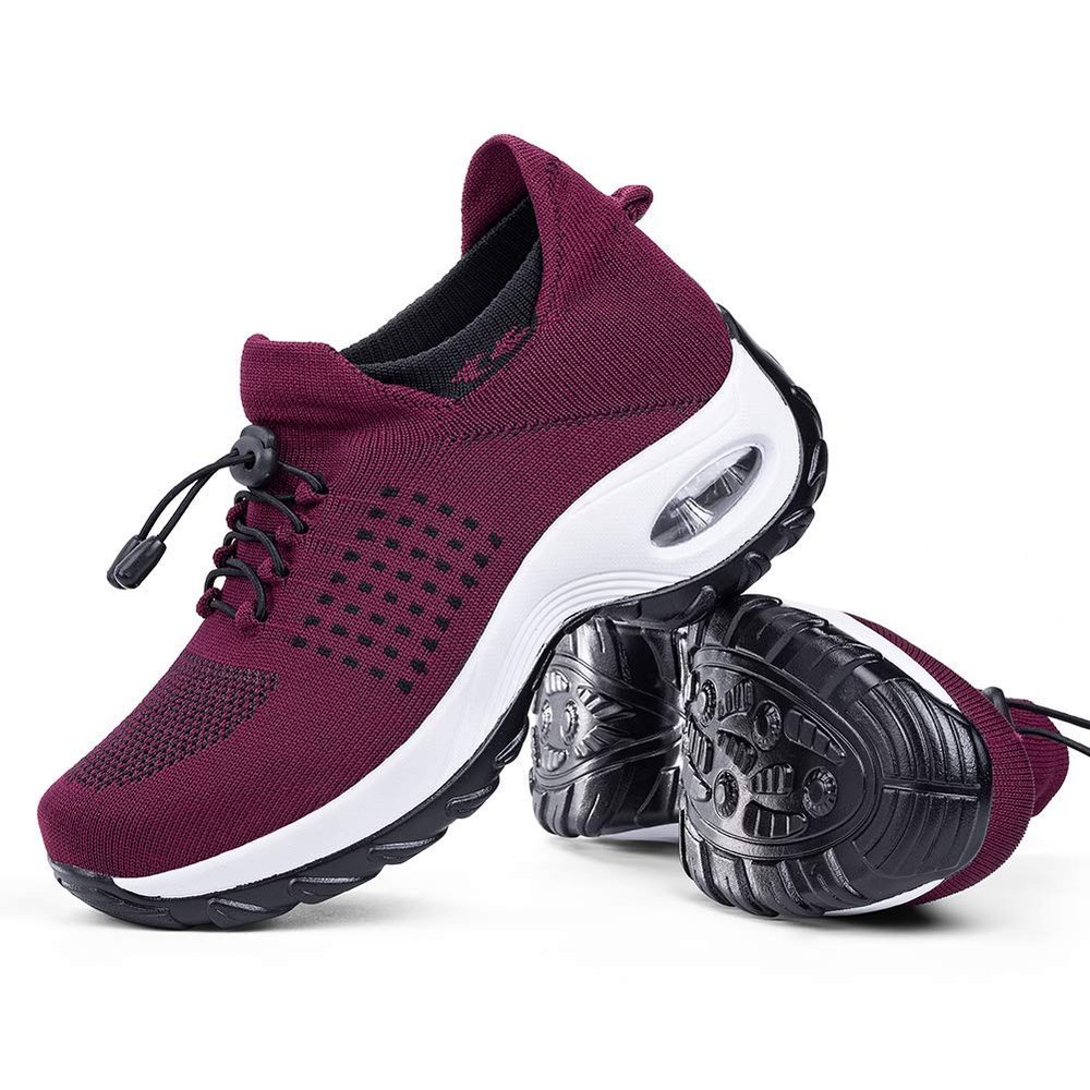 Women's Walking Shoes Sock Sneakers - Mesh Easy Lace Air Cushion Lady Girls Modern Jazz Dance Platform Nursing Shoes Wine Red1,9.5