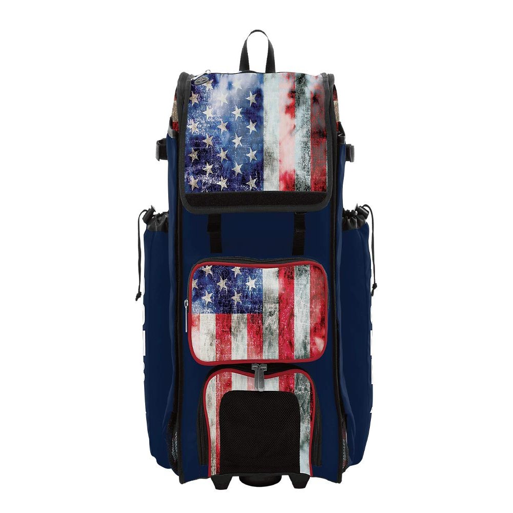 Boombah Rolling Catchers Superpack 2.0 Baseball/Softball Gear Bag - 23-1/2" x 13-1/2" x 9-1/2" - Old Glory Navy/Red/White - Telescopic Handle - Holds 4 Bats - Wheeled Version