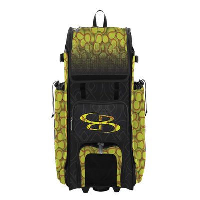 Boombah Rolling Catchers Superpack 2.0 Baseball/Softball Gear Bag - 23-1/2" x 13-1/2" x 9-1/2" - Softball Black/Optic Yellow/Red - Telescopic Handle - Holds 4 Bats - Wheeled Version