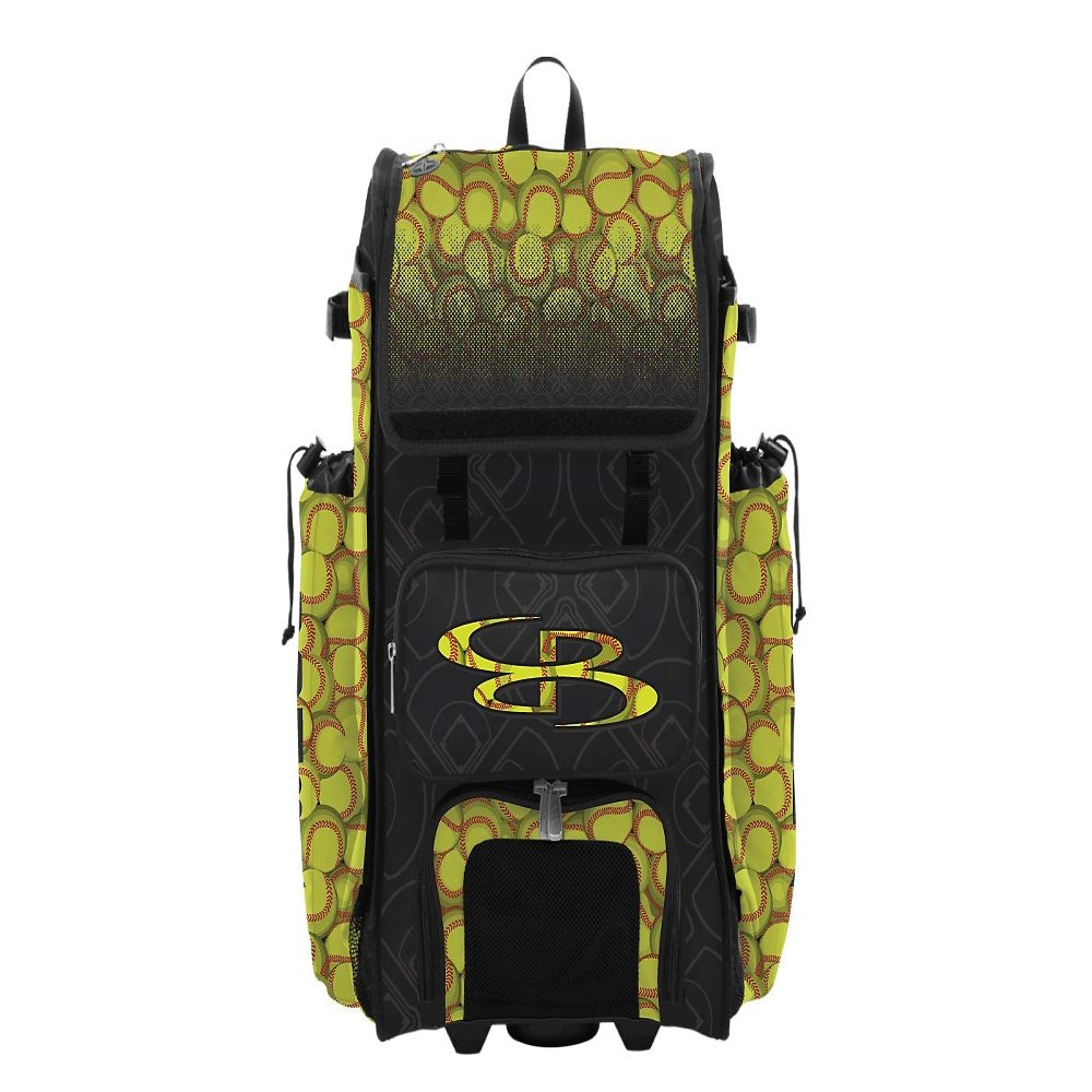 Boombah Rolling Catchers Superpack 2.0 Baseball/Softball Gear Bag - 23-1/2" x 13-1/2" x 9-1/2" - Softball Black/Optic Yellow/Red - Telescopic Handle - Holds 4 Bats - Wheeled Version