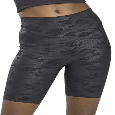 HUE Women's Faux Leather High Waist Bike Shorts, Black Camo, L