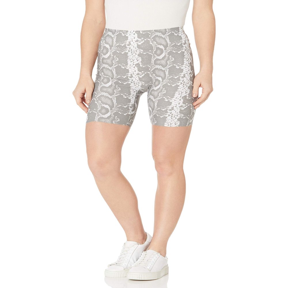 HUE Women's Plus Size Faux Leather High Waist Bike Shorts, Grey Python, 1X