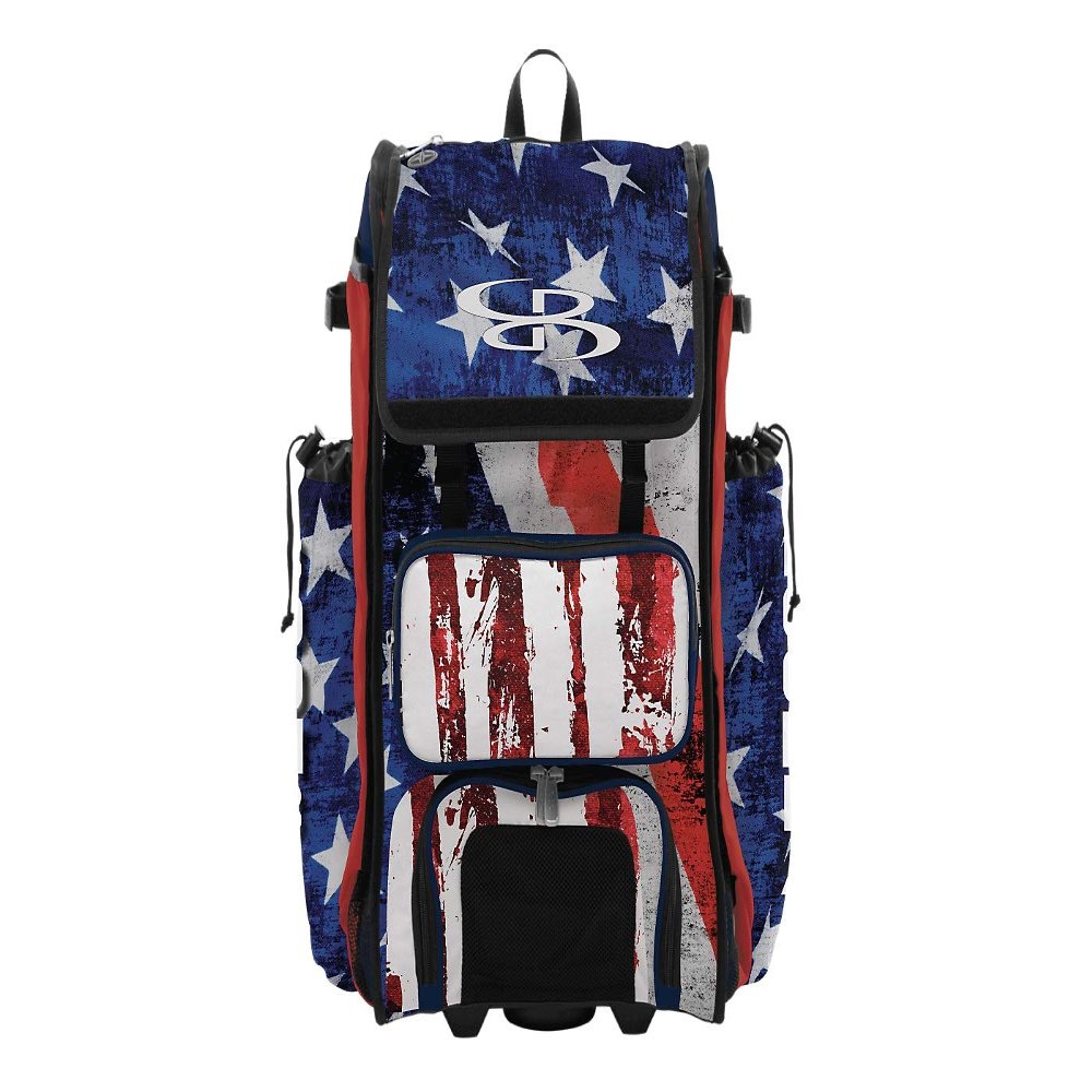 Boombah Rolling Catchers Superpack 2.0 Baseball/Softball Gear Bag - 23-1/2" x 13-1/2" x 9-1/2" - USA Stars & Stripes Navy/Red/White - Telescopic Handle - Holds 4 Bats - Wheeled Version