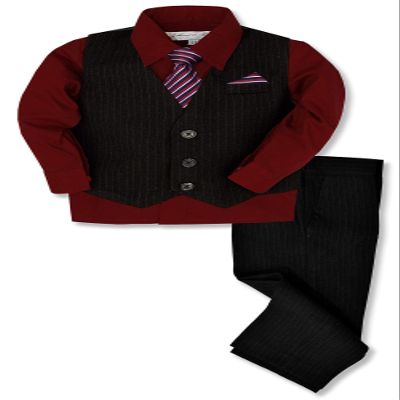 Johnnie Lene JL40 Pinstripe Boys Formal Dresswear Vest Set Black/Wine 4T