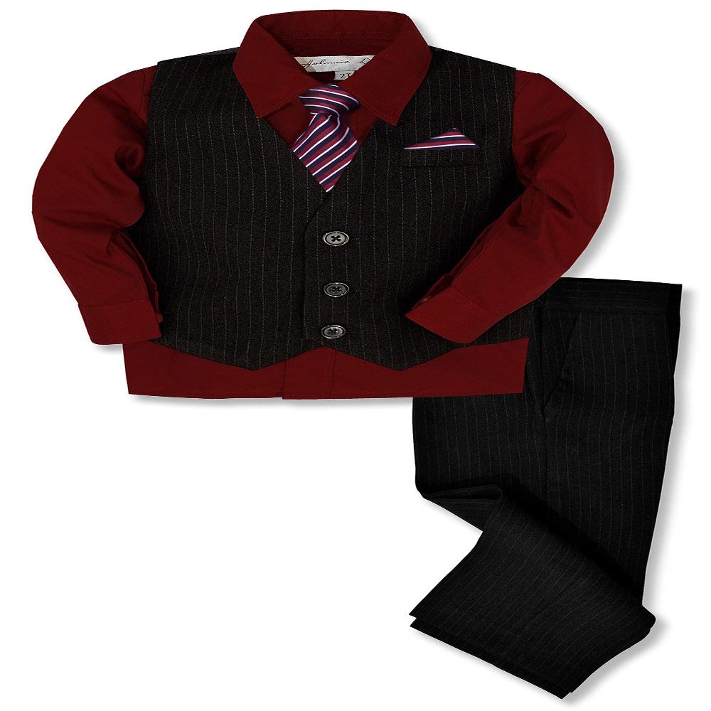 Johnnie Lene JL40 Pinstripe Boys Formal Dresswear Vest Set Black/Wine 4T