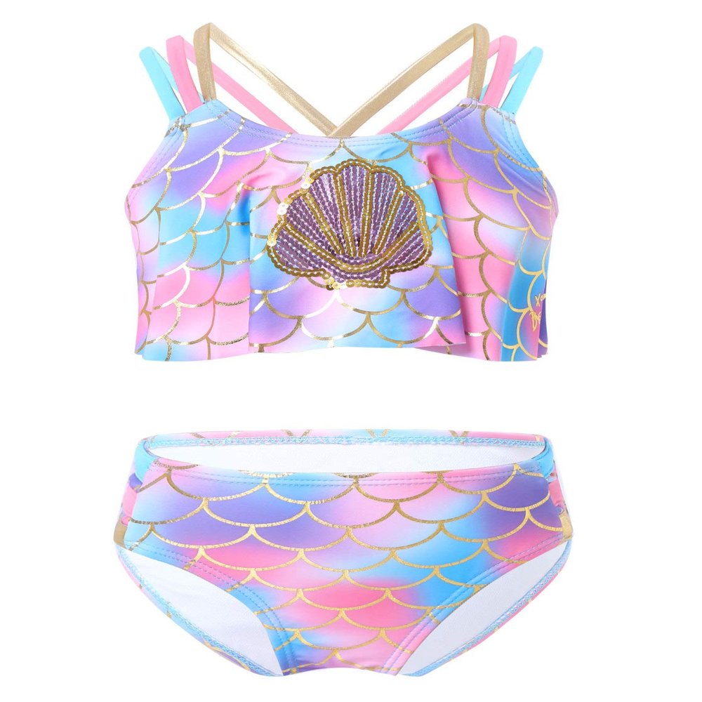 YONGHS Baby Girls Two-Piece Bikini Set Gradients Sequins Mermaid Swimsuit Criss-Cross Back Bathing Suits Pink 12 Months