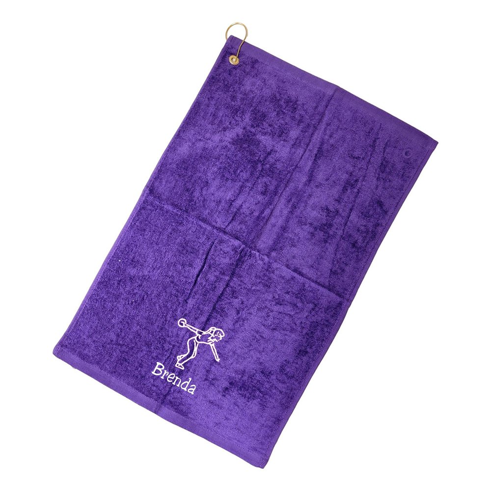 101 BEACH Women's Personalized Cotton Bowling Towel with Embroidered Name with Clip (Purple- Embroidered Name - Woman)