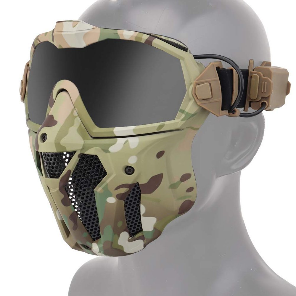 Simways Airsoft Mask and Anti Fog Goggles Kit,Half Lower Steel Mesh Mask and Removable Goggles Fan with Exchangel Clear and Tinted Lens (Multicam)