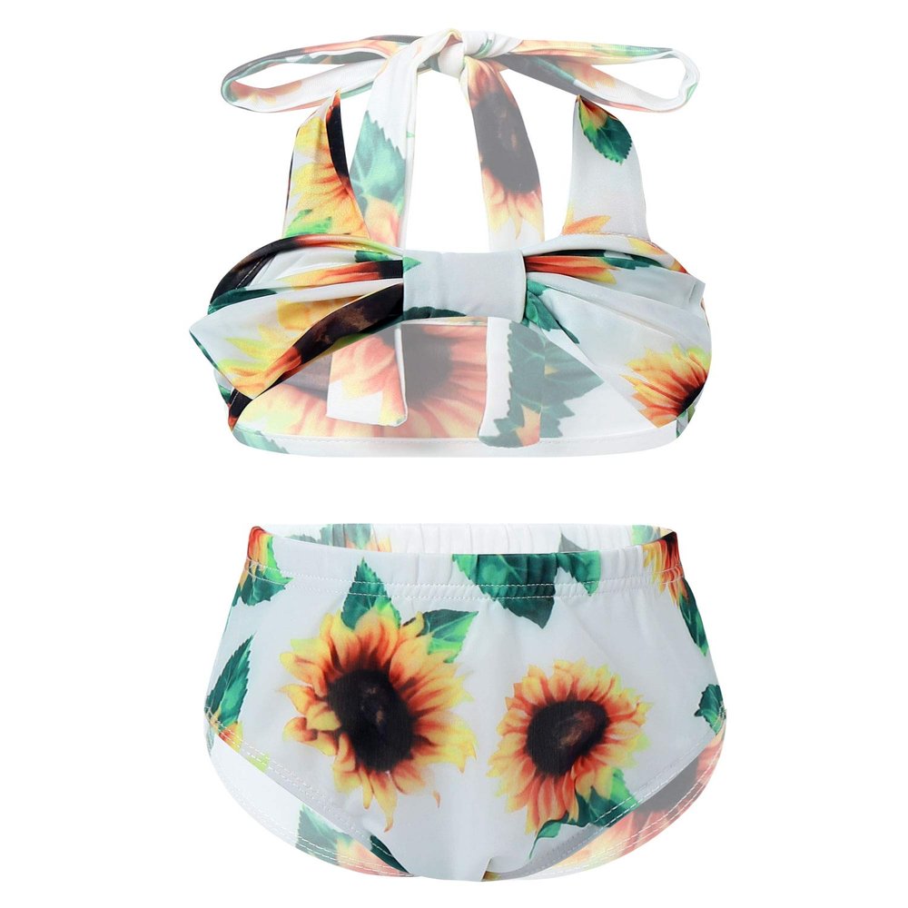 Yartina Infant Baby Girls Two Piece Swimsuit Sunflower Bowknot Bathing Suits Halter Printed Bikini Beachwear Sunflower 3-6 Months