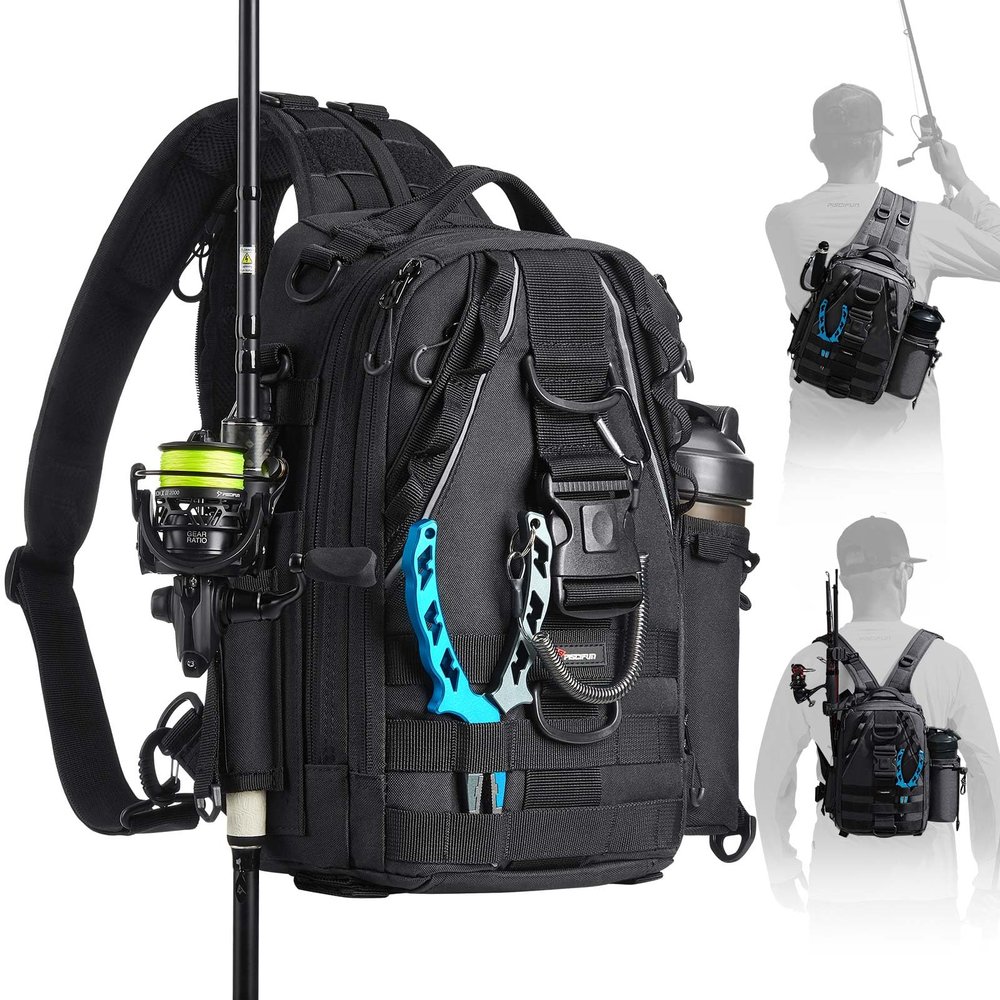Piscifun Fishing Tackle Backpack with Rod & Gear Holder, Lightweight Outdoor Water-Resistant Fishing Shoulder Storage Bag, Black