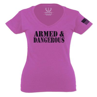 0338. Armed and Dangerous American Patriotic Military Style for Women V Neck Fitted T Shirt (Pink X Small)