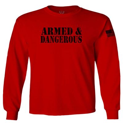 0338. Armed and Dangerous American Patriotic Military Style Men's Long Sleeve t Shirt (Red, Small)