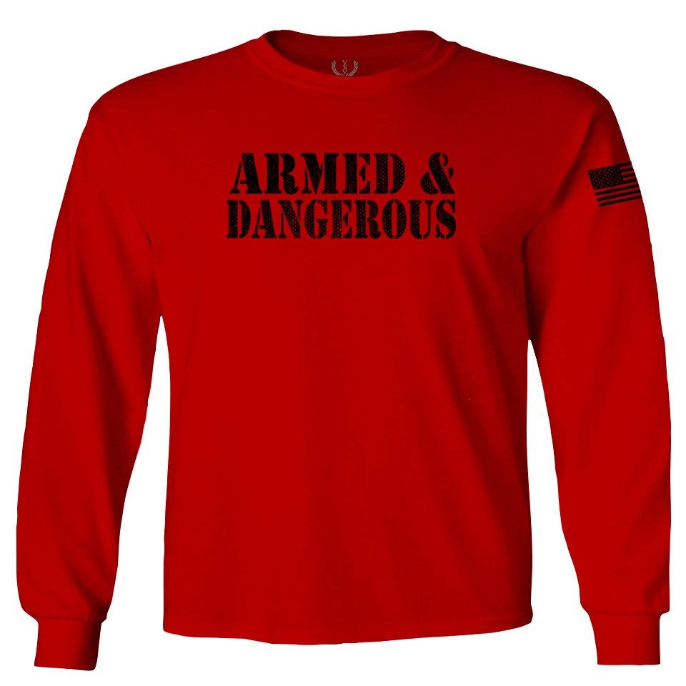 0338. Armed and Dangerous American Patriotic Military Style Men's Long Sleeve t Shirt (Red, Small)