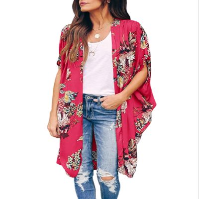 Ivay Womens Floral Kimono Duster Cardigans Short Sleeve Draped Oversized Beach Cover Up Cape (Rose Red, Medium)