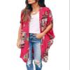 Ivay Womens Floral Kimono Duster Cardigans Short Sleeve Draped Oversized Beach Cover Up Cape (Rose Red, Medium) view 1