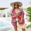 Ivay Womens Floral Kimono Duster Cardigans Short Sleeve Draped Oversized Beach Cover Up Cape (Rose Red, Medium) view 2