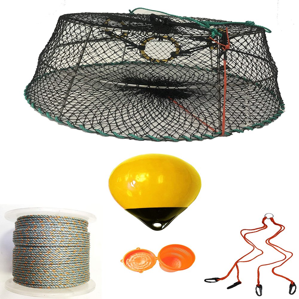 KUFA Sports Tower Style Prawn Trap with 400' Rope, Yellow Float, Vented Bait Jar & Harness Combo (CT77+PAQ385+HA2)