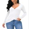 Afibi Women Deep V Neck Low Cut Long Sleeve Slim Shirt Tee Top Blouse (Small, White) view 2