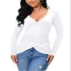 Afibi Women Deep V Neck Low Cut Long Sleeve Slim Shirt Tee Top Blouse (Small, White) view 3