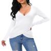 Afibi Women Deep V Neck Low Cut Long Sleeve Slim Shirt Tee Top Blouse (Small, White) view 4