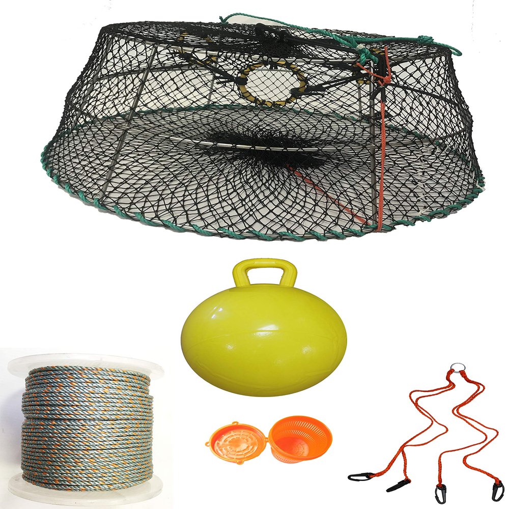 KUFA Sports Tower Style Prawn Trap with 400' Rope, Yellow Float, Vented Bait Jar & Harness Combo (CT77+PAL55+HA2)