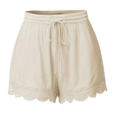 Andongnywell Shorts for Women Solid Ruffle Hem Drawstring Pajamas Mini Pants Solid Color Short Trousers (Beige,4X-Large)
