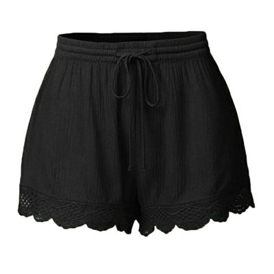 Andongnywell Shorts for Women Solid Ruffle Hem Drawstring Pajamas Mini Pants Solid Color Short Trousers (Black,Medium)
