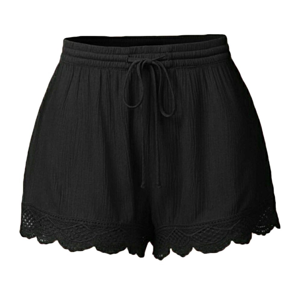 Andongnywell Shorts for Women Solid Ruffle Hem Drawstring Pajamas Mini Pants Solid Color Short Trousers (Black,Medium)
