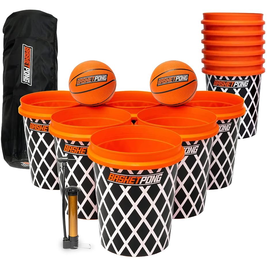BasketPong Giant Yard Pong and Basketball Game with 12 Buckets, 2 Balls, Carrying Bag, and Air Pump  Outdoor Game for Lawn, Backyard, Beach, and Parties