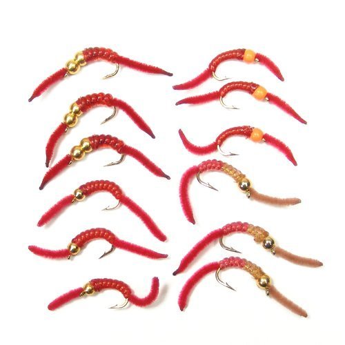 The Fly Fishing Place San Juan Worm Beaded Trout Fly Assortment, 12 Wet Nymph Flies, Hook Size 12, 4 Patterns (3 Each)