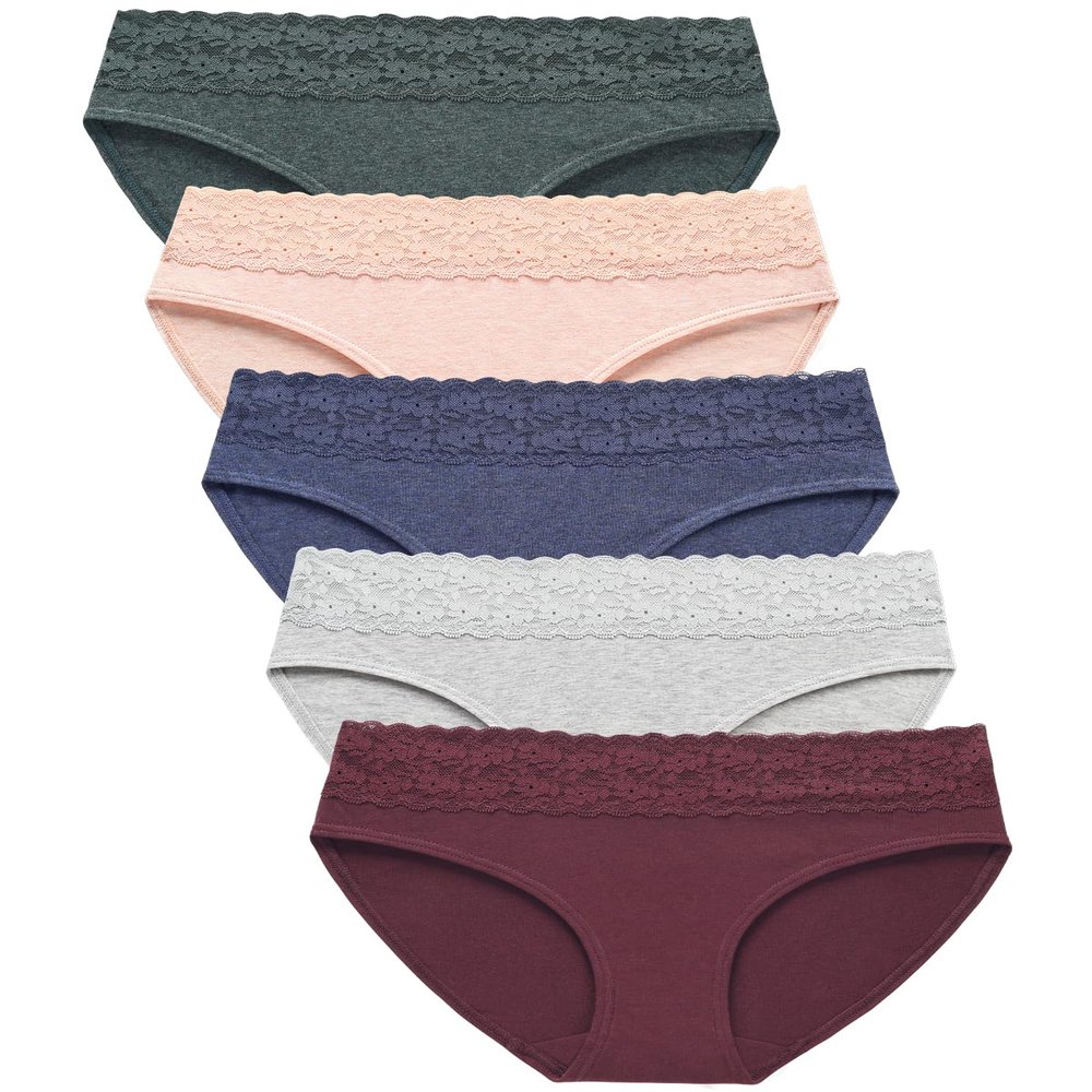 AYMEFF Cotton Underwear for Women Lace Bikini Panties Soft Stretch Hipster Breathable Briefs 5-Pack(6002S,Dark3)