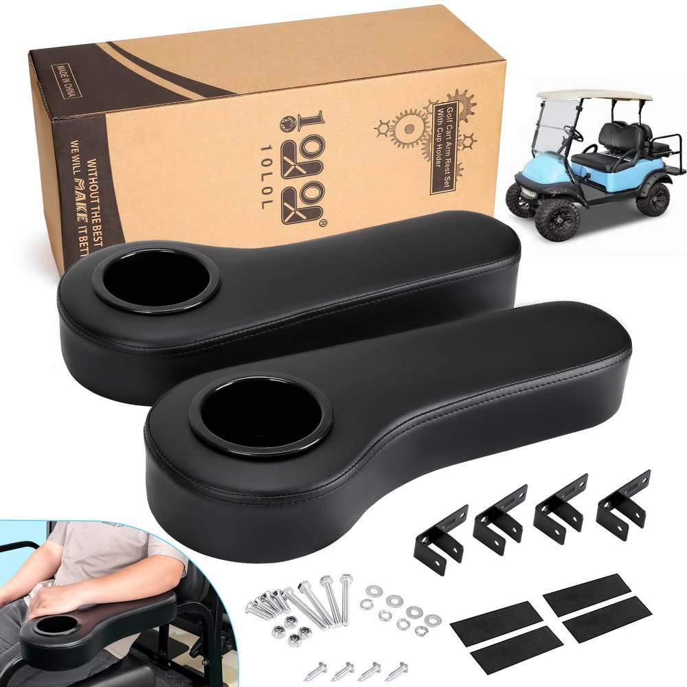 10L0L Golf Cart Rear Seat Armrest for Yamaha Club Car EZGO, Premium Leather Arm Rest with Cup Holder, No Drilling Required, Fits 1" Square Tube Only-Black
