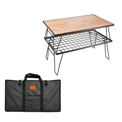 Camping BBQ Grill 2Pcs Outdoor Folding Multipurpose Storage Rack with 1pc Removable Bamboo Board, Steel Plating Black T-230-2TP