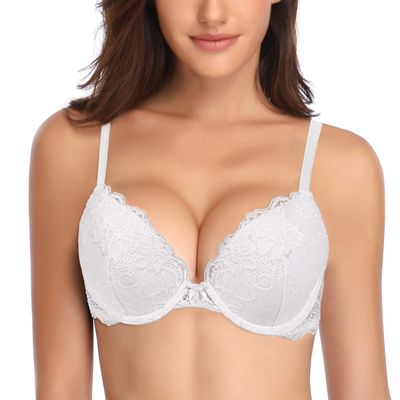 Deyllo Women's Push Up Lace Bra Comfort Padded Underwire Bra Lift Up Add One Cup(White,32DDD)