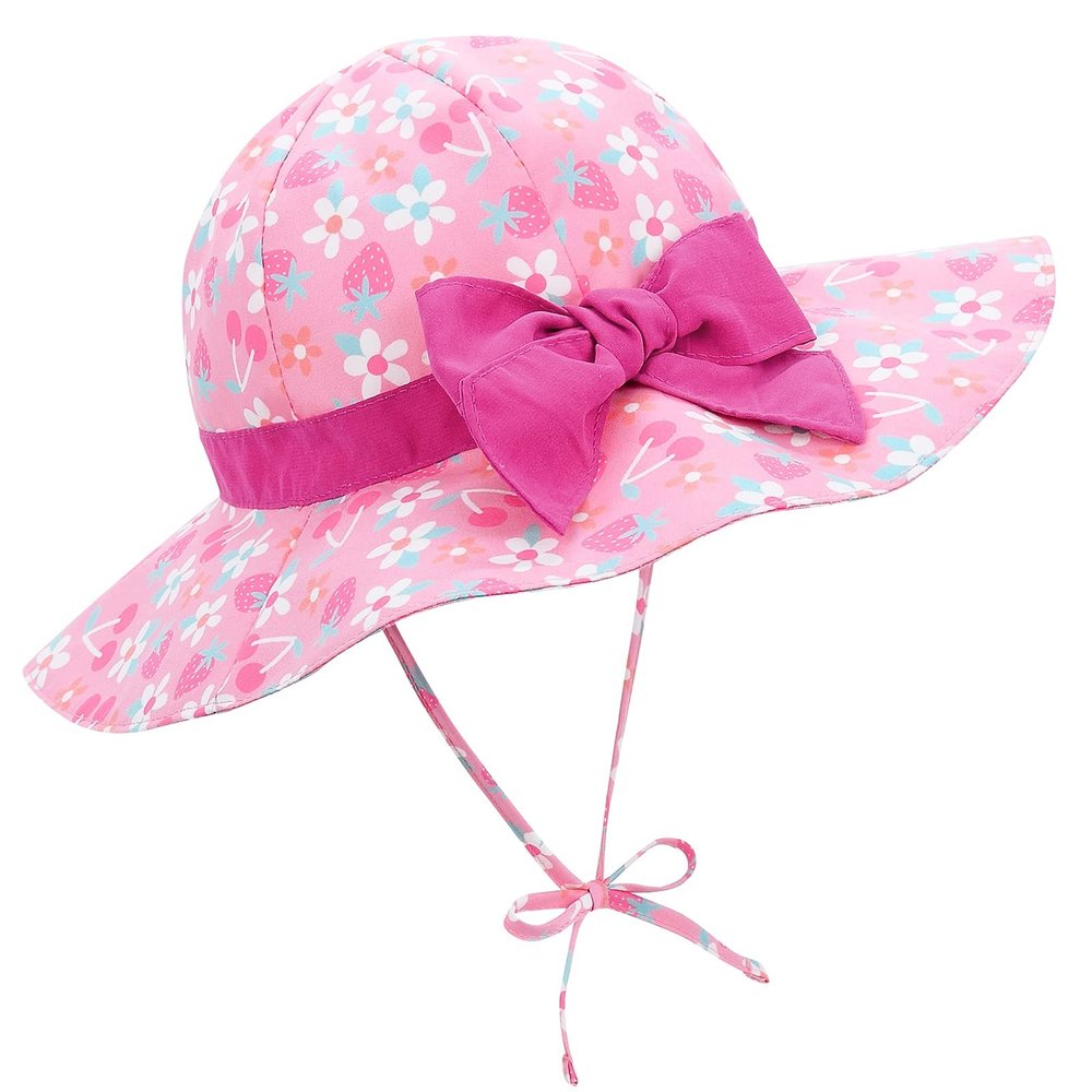 Baby Sun Hat Wide Brim Bucket Hat Baby Girl Sunhat UPF 50+ Summer Beach Hat Infant Sun Hat Strawberry Flowers 6-12 Months