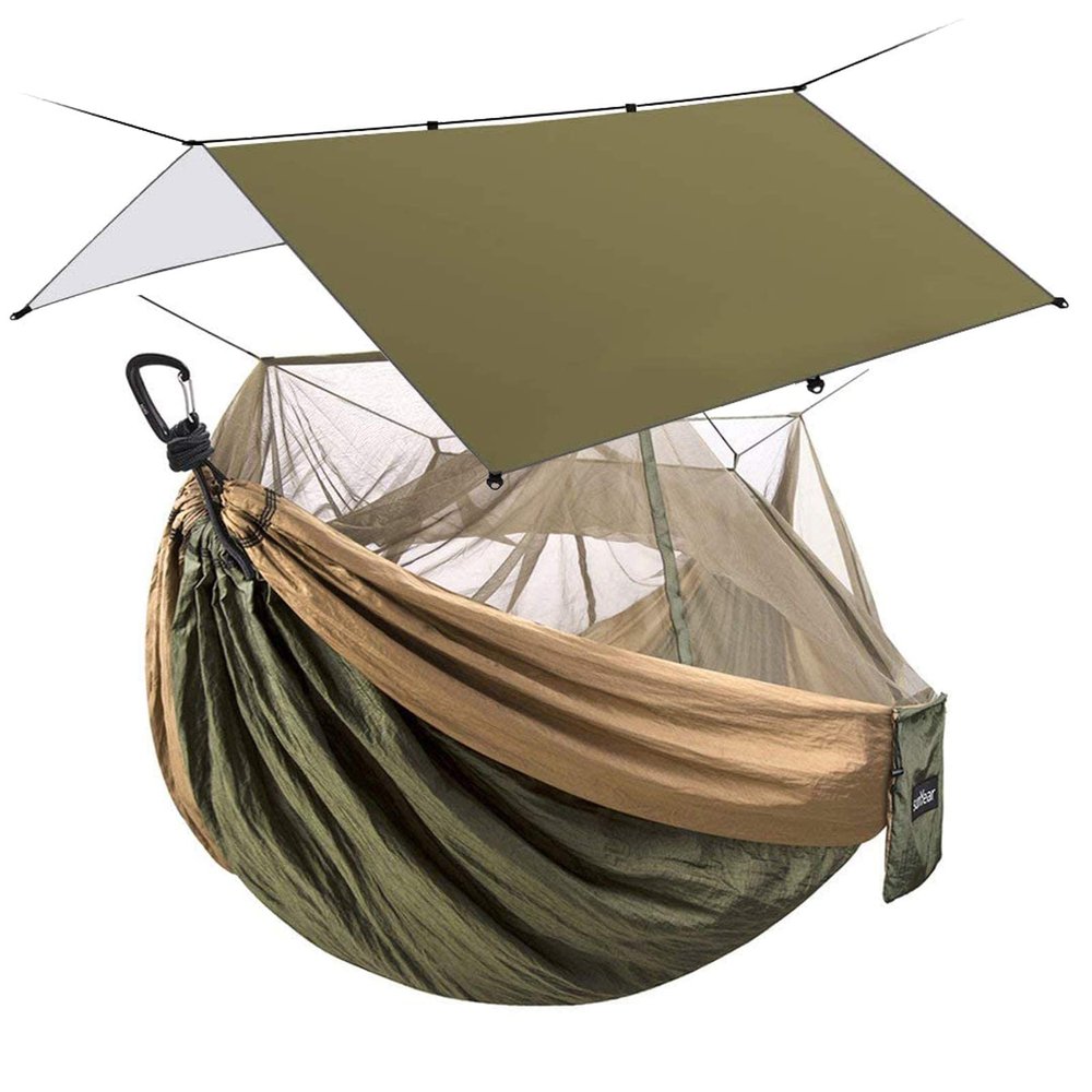 Sunyear Double Camping Hammock with Net & Sunyear Hammock Rain Fly Tent Tarp Provides Effective Protection Against Rain