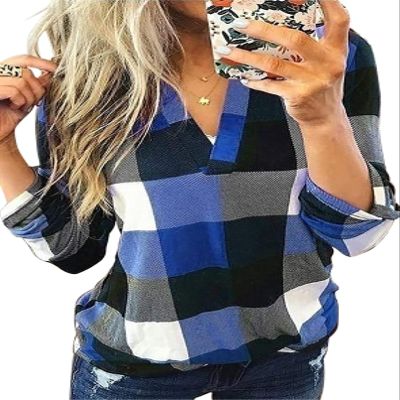 Dokotoo Womens Spring Fall Casual Ladies Basic Cotton Cuffed 3/4 Long Sleeve Plaid Print V Neck Tunic Blouses and Tops Shirts for Women 2025 for Work Fashion Blue