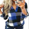 Dokotoo Womens Spring Fall Casual Ladies Basic Cotton Cuffed 3/4 Long Sleeve Plaid Print V Neck Tunic Blouses and Tops Shirts for Women 2025 for Work Fashion Blue view 1