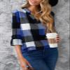 Dokotoo Womens Spring Fall Casual Ladies Basic Cotton Cuffed 3/4 Long Sleeve Plaid Print V Neck Tunic Blouses and Tops Shirts for Women 2025 for Work Fashion Blue view 3