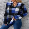 Dokotoo Womens Spring Fall Casual Ladies Basic Cotton Cuffed 3/4 Long Sleeve Plaid Print V Neck Tunic Blouses and Tops Shirts for Women 2025 for Work Fashion Blue view 4