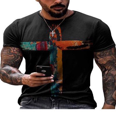 Men's Vintage Oil Painting Faith Jesus Cross Print Casual T-Shirts Christ Crewneck Sweatshirt Short Sleeve Shirts for Men Black
