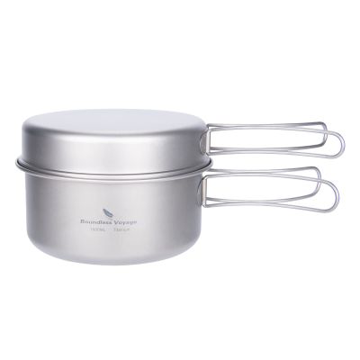 iBasingo Titanium Camping Cookware Set with Folding Handle Ultralight Backpacking Cookset 1000ml Pot & 500ml Pan Compact Outdoor Hiking Cooking Mess kit Ti2042C