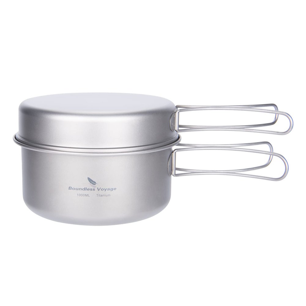 iBasingo Titanium Camping Cookware Set with Folding Handle Ultralight Backpacking Cookset 1000ml Pot & 500ml Pan Compact Outdoor Hiking Cooking Mess kit Ti2042C