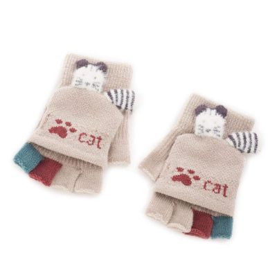 Kid's Clamshell Woolen Gloves for Boys and Girls Autumn and Winter Students Writing Half-Finger Fingerless Winter Cute Cat 1-3 Years Old Baby (Color : Beige)