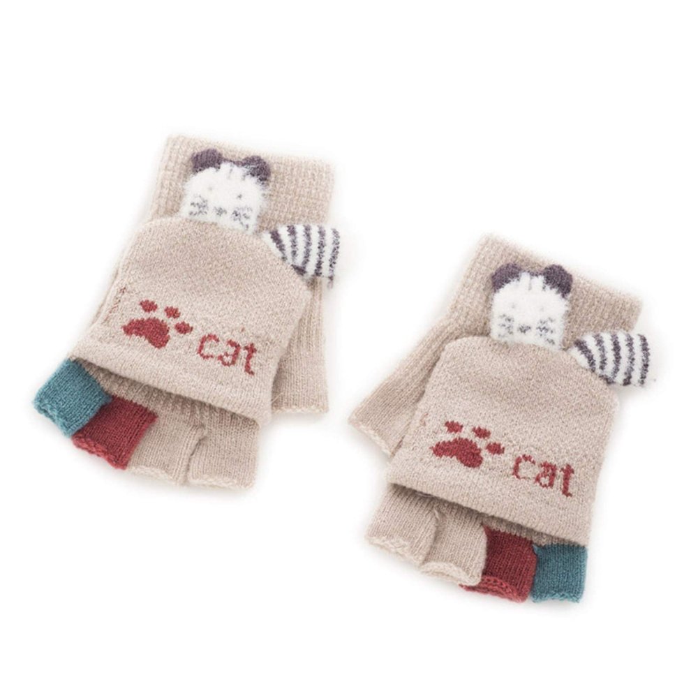 Kid's Clamshell Woolen Gloves for Boys and Girls Autumn and Winter Students Writing Half-Finger Fingerless Winter Cute Cat 1-3 Years Old Baby (Color : Beige)
